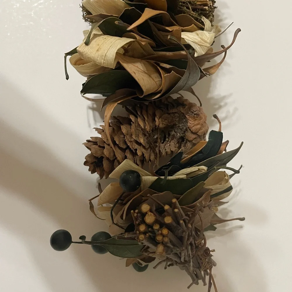 Fall Dried Leaves Pinecones Corn Husks Green Berries Garland 70” Cottage Farm